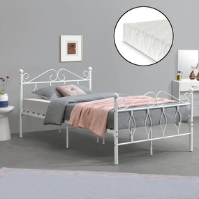 [en.casa] Fémkeretes ágy Apolda 120 x 200 cm porszórt (szinterezett) acél váz fehér, matt dekoratív fej-és lábrész egyszemélyes ágy hideghabos matraccal