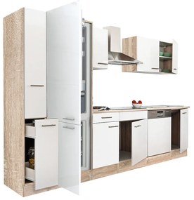 Yorki 310 konyhablokk sonoma tölgy korpusz,selyemfényű fehér fronttal alulfagyasztós hűtős szekrénnyel