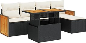 vidaXL 6 részes fekete polyrattan akácfa kerti ülőgarnitúra párnákkal