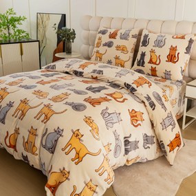 Mikroplüss ágyneműhuzat szett COLORED CATS krémszínű + mikroplüss lepedő SOFT 180x200 cm fehér, franciaágyhoz