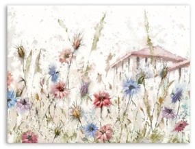 Vászon falikép, kék virágos rét, 85x113 cm, krémszínű - LES SIMPLES