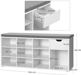 Cipőtároló pad, párnázott ülőfelülettel, 104x30x48cm, fehér