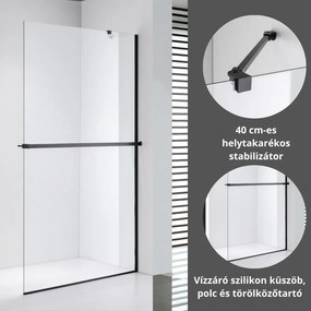 Stuxi Milano Easy Plus Black Walk-in zuhanyfal, 80x200 cm, 8 mm vastag vízlepergető üveggel, helytakarékos stabilizátorral, polccal, törölközőtartóval