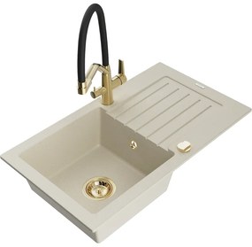 Mexen Pablo gránit mosogató 1-medencés csepegtetővel és Duo konyhai csapteleppel, bézs - 6510-69-671701-57-G