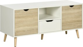 HOMCOM TV Állvány Fiókkal, 2 Ajtóval és Kompartmensen, TV Állvány 50 Inches-ig, Oldalszekrény Nappaliba és Hálószobába, 110x40x50 cm, Fehér és Termész