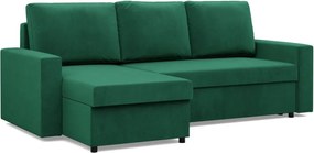 Zeus sarokkanapé, 2 ágyneműtartóval, egyenes kartámasz, bársony, univerzális oldal, hab töltet, zöld