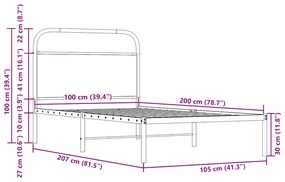 ágykeret matrac nélkül 100x200 cm füstölt tölgy fűrészelt fa