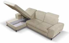 ALTA balos kivitelű, ággyá nyitható L-alakú kárpitozott sarokülőgarnitúra tárolóval, bézs