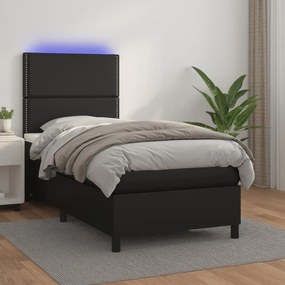 fekete műbőr rugós ágy matraccal és LED-del 90x200 cm