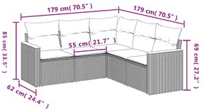 5 részes fekete polyrattan kerti kanapészett párnákkal