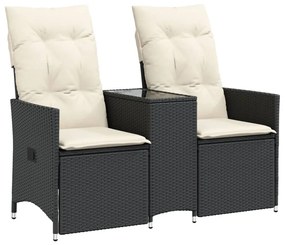 2 személyes fekete polyrattan dönthető kerti kanapé asztallal