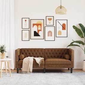 2 személyes barna műbőr Chesterfield kanapé hengerpárnákkal