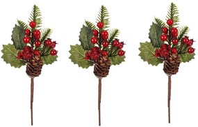 Ágak tobozokkal és bogyókkal, 3 db- os szett, piros, 24 cm