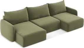 Zöld bársony kinyitható-tárolóhelyes (U alakú) sarokkanapé Kalena – Makamii