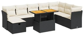 9 részes fekete polyrattan akácfa kerti ülőgarnitúra párnákkal