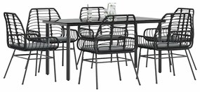 vidaXL 7 részes fekete polyrattan üveg kerti étkezőgarnitúra párnákkal