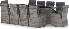 vidaXL 11 részes szürke polyrattan kültéri étkezőszett párnákkal
