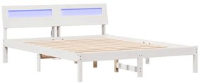 Ágykeret LED -es lámpákkal Fehér 150 x 200 cm Tömör fenyőfa