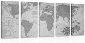5-részes kép régi világtérkép fekete fehérben