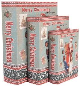 Télapós könyv alakú vintage fa tároló doboz szett 3 részes Merry Christmas
