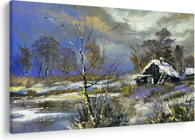 Téli tájon lévő házikó képe, olajfestmény (90x60 cm)