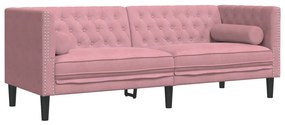 3 személyes rózsaszín bársony Chesterfield kanapé párnákkal