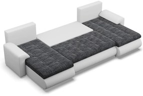 Tokio U alakú sarokkanapé, 3 ágyneműtartóval, fonott + műbőr, univerzális oldal, sötétszürke - fehér