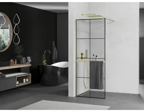 Mexen Kioto+, Walk-In zuhanyparaván polccal és akasztóval 90 x 200 cm, 8 mm átlátszó üveg fekete mintás, arany matt profil, 800-090-121-55-77