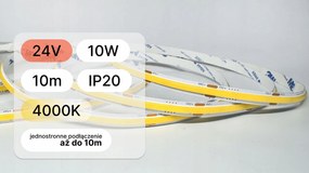 Cob Led szalag 24V 10 méter 10W/m 480LED/m semleges 4000K Cri >90