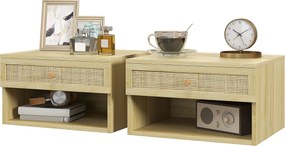 HOMCOM 2 db Függő Ágymelletti Asztal - Nyitott Tárolóval és Rattan Elülső Fiókkal 40x34x23 cm