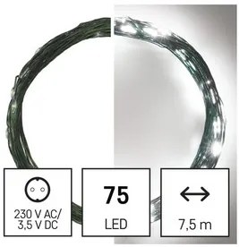 LED karácsonyi nano fényfüzér, zöld, 7,5 m, kültéri és beltéri, hideg fehér, időzítő