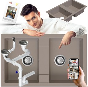 Gránit Mosogató Kétrekeszes 2 kamrás Bézs Konyhai kézi szifon Ajándék