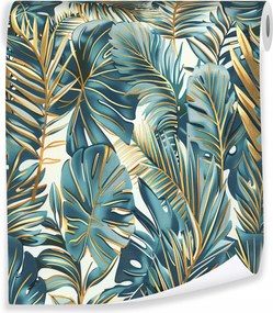 Tapéta Zöld Levelek Tropical Mintával Gyapjúszálas Alapon Falra Nappalihoz Hálószobába Tekercs