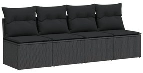 4 személyes fekete polyrattan kerti kanapé párnával