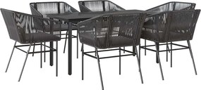 vidaXL 7 részes fekete polyrattan üveg kerti étkezőgarnitúra párnákkal