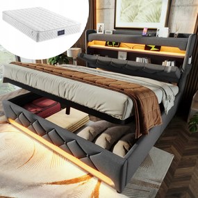 Kárpitozott ágy Led kétszemélyes ágy 160x200cm Usb C szürke+ Matrac