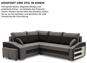 Grande sarokkanapé polcokkal és puffokkal , polc a jobb karfaban puffok a bal karfaban, baloldali, szövet anyag, hab töltet, szürke - fekete