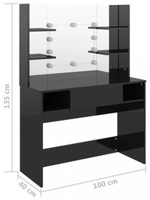 fényes fekete LED-es MDF sminkasztal 100 x 40 x 135 cm