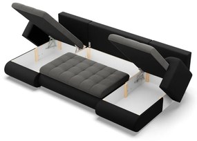 Tokio U alakú sarokkanapé, 3 ágyneműtartóval, bársony + műbőr, univerzális oldal, szürke - fekete