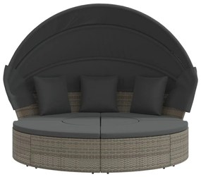 Szürke polyrattan kültéri napozóágy napellenzővel és párnákkal