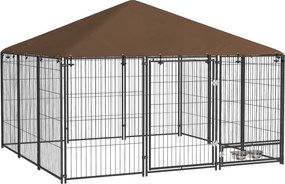 PawHut Kutyajátszóterasz Napernyővel - Kültéri Fém Kutyakerítés Forgatható Etető 2 Tálcával, 211x211x151 cm Fekete | Aosom