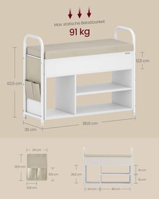 VASAGLE tárolós cipős pad ülőkével, 80 cm, felhőfehér-bézs
