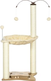 PawHut Macska Kaparófája Függőággyal 90 cm Magas Macska Torony Lógó Forgó Labdákkal Szórakoztató Játékokkal 53.5x53.5x90 cm Bézs | Aosom