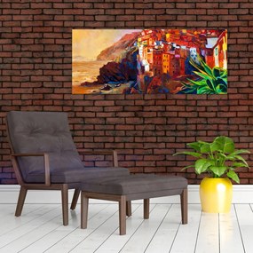 Kép - Falu Cinque Terre partján, az olasz riviérán, modern impresszionizmus (120x50 cm)