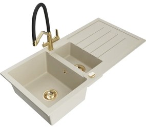 Mexen Andres gránit 1,5-medencés mosogató lefolyóval és Duo konyhai csapteleppel, bézs - 6515-69-671701-57-G
