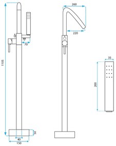 Rea Aras, szabadon álló kádcsaptelep h-1105, fekete matt, REA-B2717
