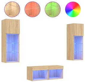 4 darab sonoma tölgy színű falra szerelhető TV-szekrény LED-del