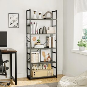 Fekete 5 szintes nyitott könyvespolc, tároló állvány fém lábakkal - 59x144cm Intenso