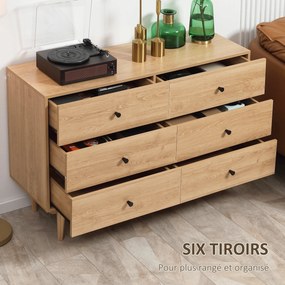HOMCOM 6 Fiókos Komód Tároló Szekrény Tömör Fa Lábakkal 120 x 40 x 80 cm Fa Szín | Aosom