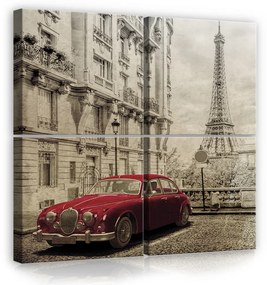 Vászonkép 4 darabos, Piros autó Párizsban 50x50 cm méretben